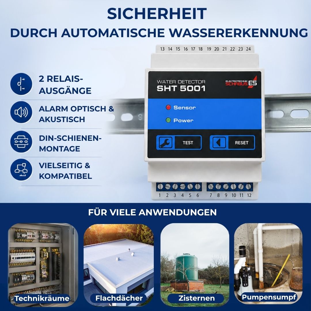 Wassermelder SHT 5001 mit 2 Relais-Ausgängen, Alarmfunktion und Einsatz in Technikräumen, Zisternen und Pumpensumpf