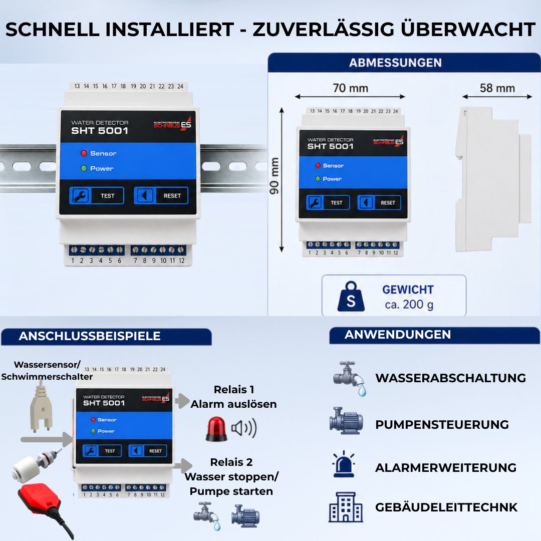 Technische Details SHT 5001 Wassermelder Maße Anschlussbeispiele Relaissteuerung für Wasserabschaltung und Pumpensteuerung