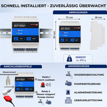 Technische Details SHT 5001 Wassermelder Maße Anschlussbeispiele Relaissteuerung für Wasserabschaltung und Pumpensteuerung
