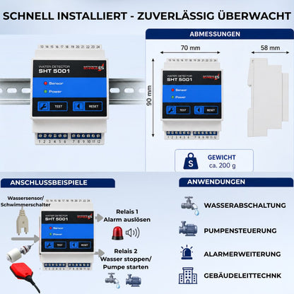 Technische Details SHT 5001 Wassermelder Maße Anschlussbeispiele Relaissteuerung für Wasserabschaltung und Pumpensteuerung