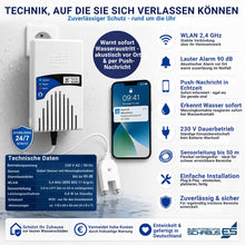 WWD 240 WLAN Wasseralarm mit 230 Volt Dauerbetrieb, 90 dB Alarm und Smartphone-Benachrichtigung