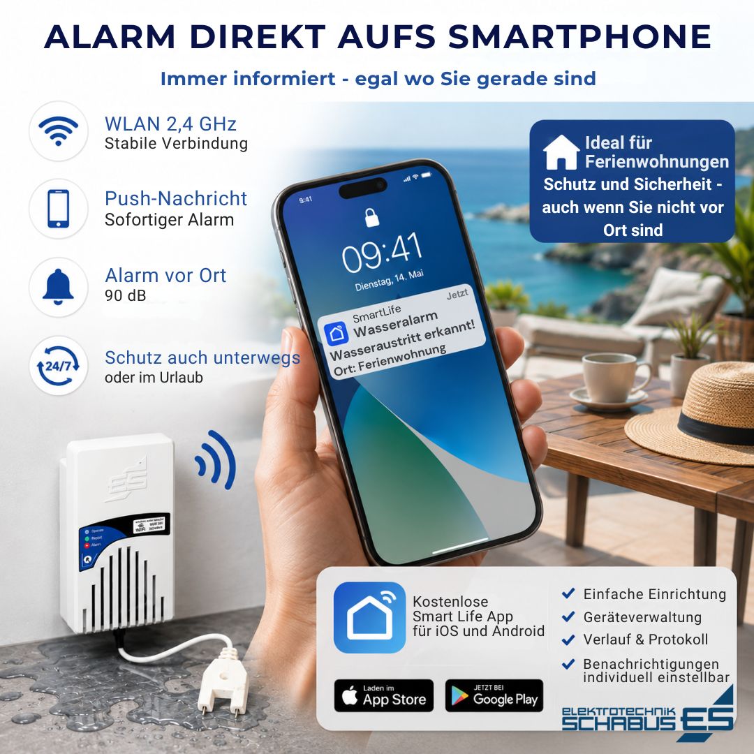 Wassermelder mit App alarmiert per Push-Nachricht auf dem Smartphone auch in der Ferienwohnung oder im Urlaub