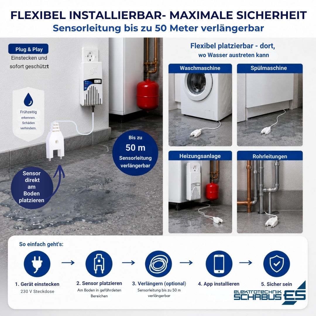 Smart Wassermelder mit verlängerbarer Sensorleitung bis 50 Meter für Waschmaschine, Heizungsanlage und Rohrleitungen