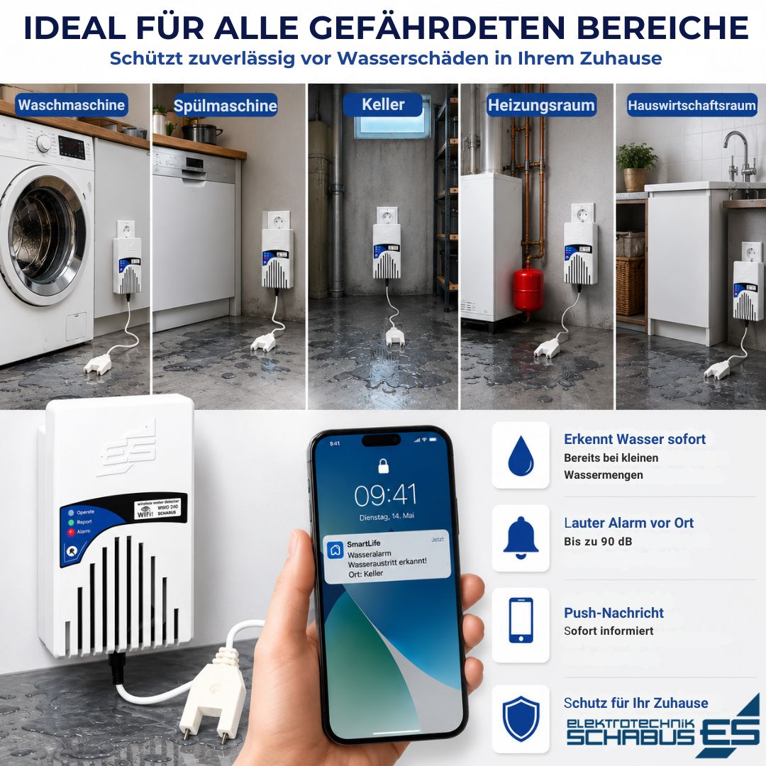 WLAN Wassermelder für Waschmaschine, Spülmaschine, Keller, Heizungsraum und Hauswirtschaftsraum