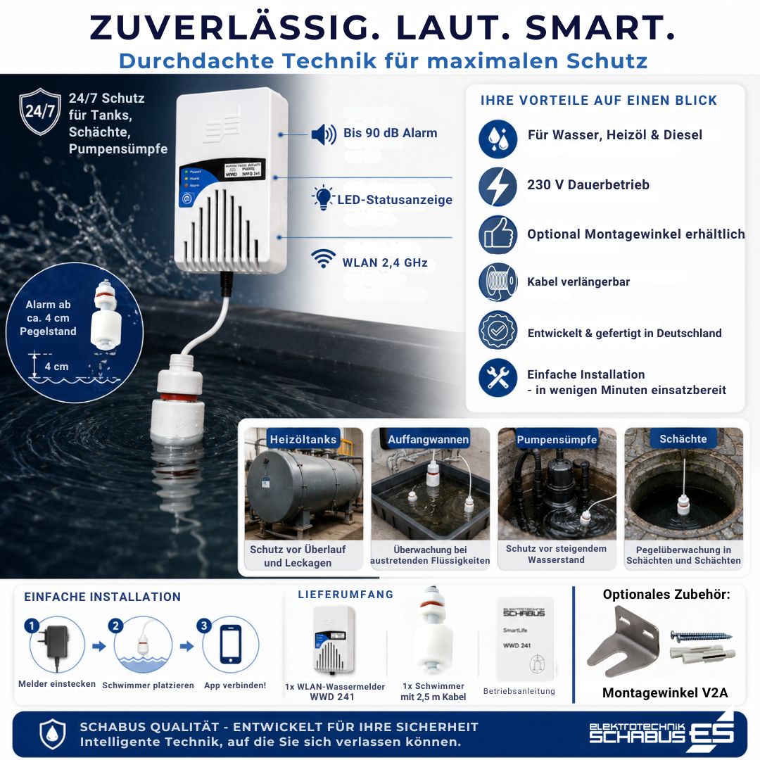 WWD 241 WLAN Wasserstandsmelder mit 230 Volt Dauerbetrieb, 90 dB Alarm und Mini-Schwimmerschalter