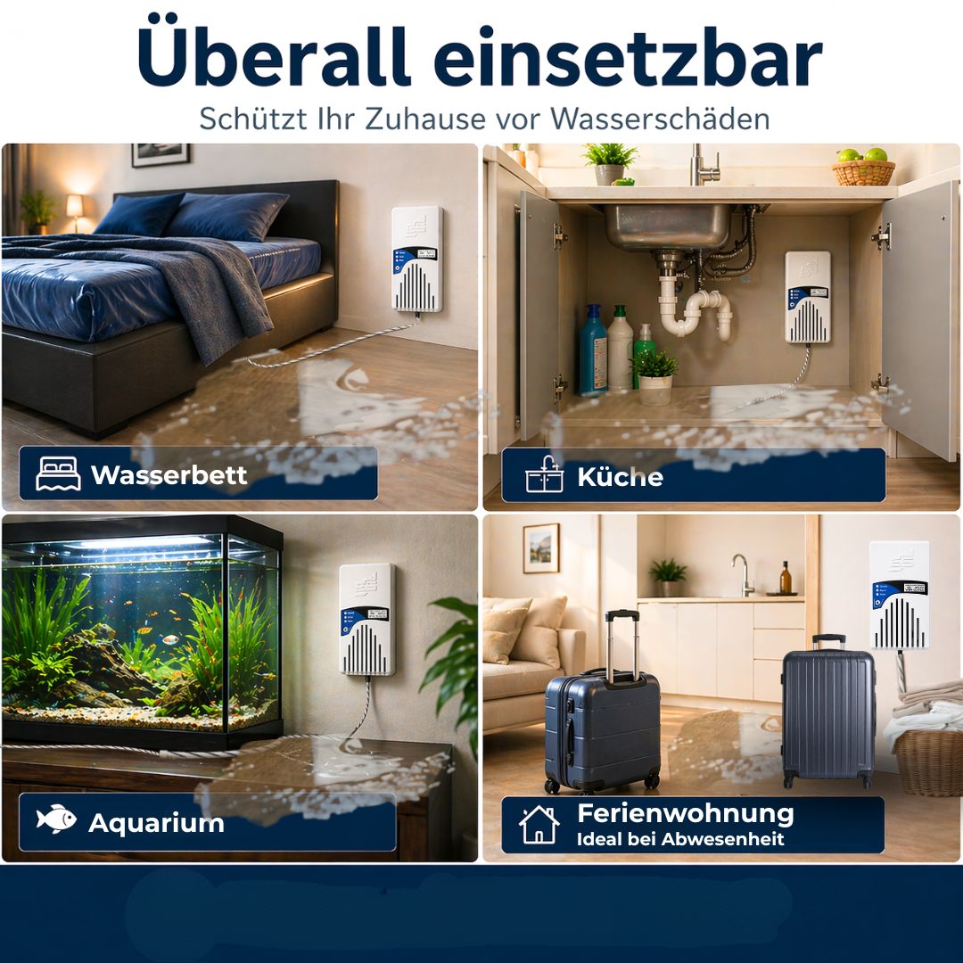 Wassermelder mit Sensorkabel für viele Einsatzbereiche wie Wasserbett, Küche, Aquarium, Ferienwohnung