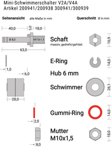 Mini-Schwimmerschalter Edelstahl V2A V4A Einzelteile mit Bemaßung