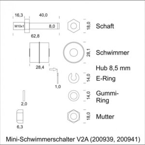 Mini float switch stainless steel V2A changeover contact