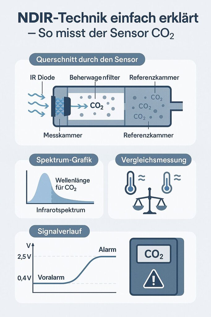 Infografik zur Funktionsweise eines NDIR-Sensors zur CO₂-Messung. Darstellung des Sensoraufbaus mit Infrarotquelle, Messkammer, Referenzkammer und Detektor. Veranschaulichung der Lichtabsorption durch CO₂, Signalverarbeitung, Spannungs-Ausgabe in Volt und Alarmstufen im Gerät GX-A1 von Elektrotechnik Schabus. Technisch klar gegliedert mit Symbolen und erklärenden Elementen.